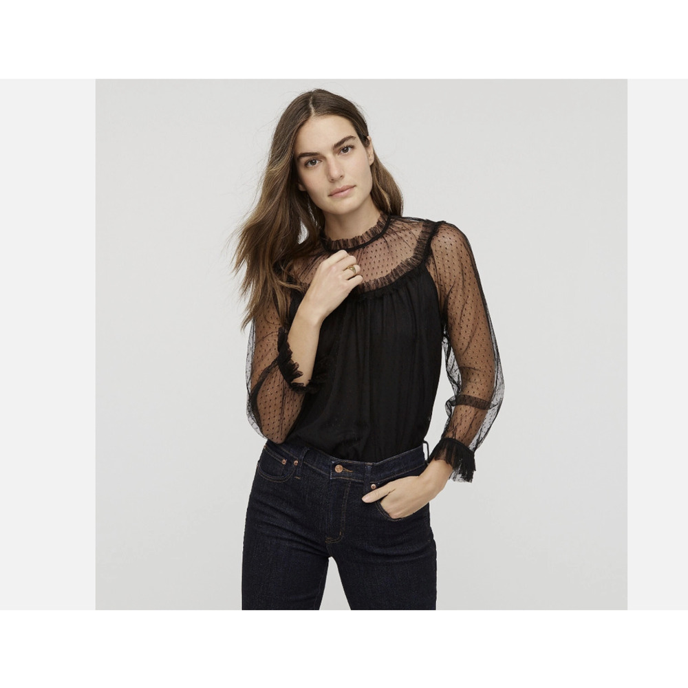 J Crew Ruffle Trim Blouse Top in Black Dot Tulle Fairy Grunge Goth Size Medium